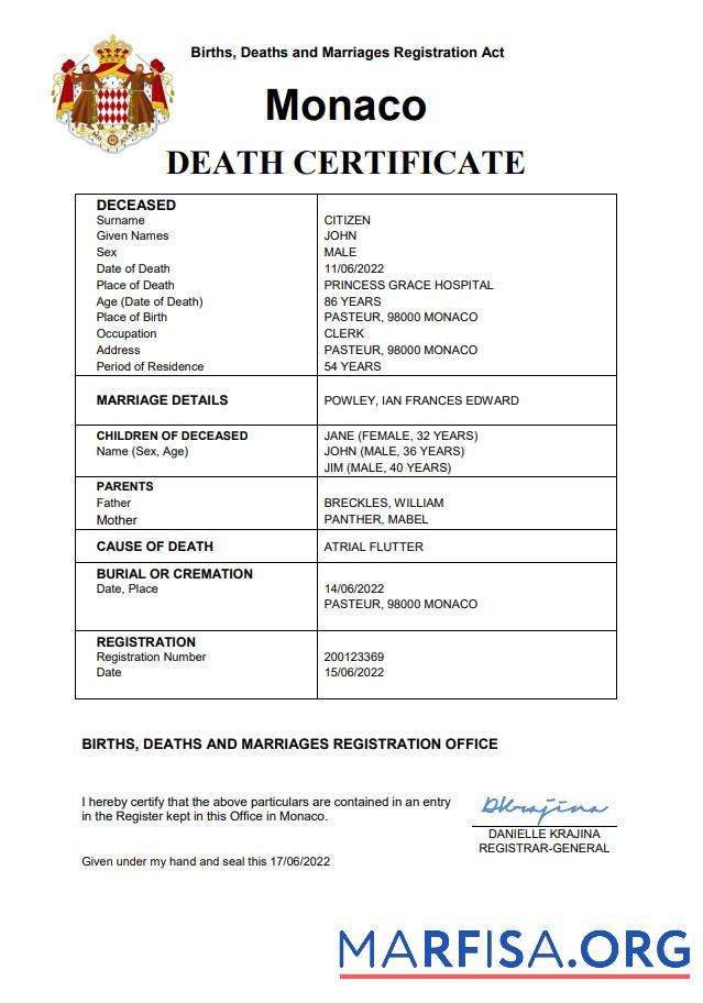 Blank Monaco vital record death certificate Word and PDF template
